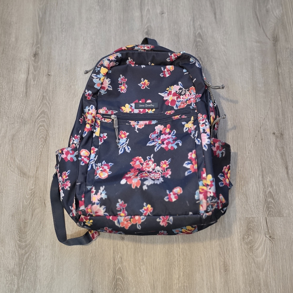 Vera Bradley Lighten Up Grand Backpack Book Bag Tossed Poises  16" X 7.5"